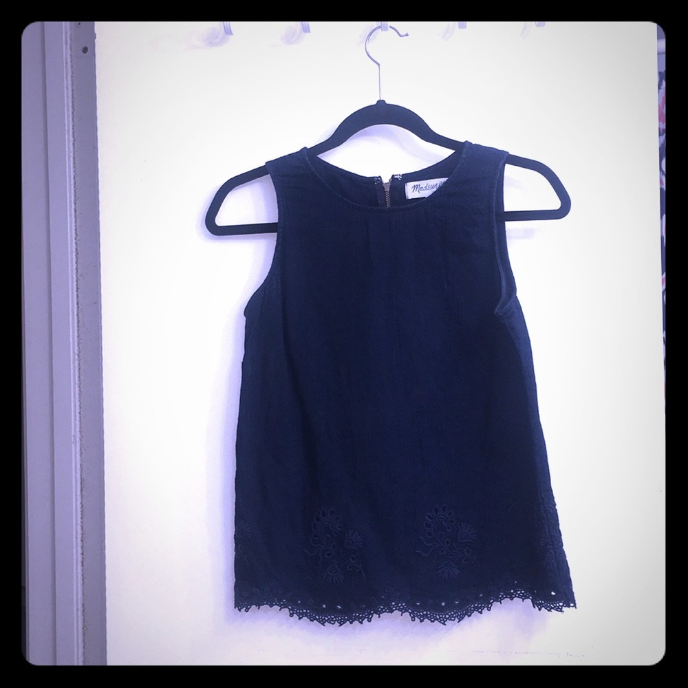 Denim lace trim blouse